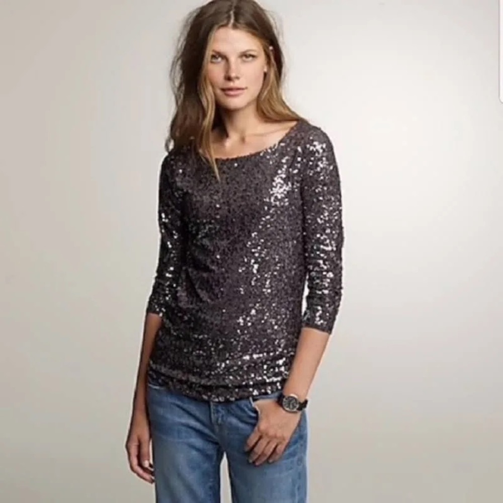 J. Crew- Sequin top with 3/4 sleeves- black size xs